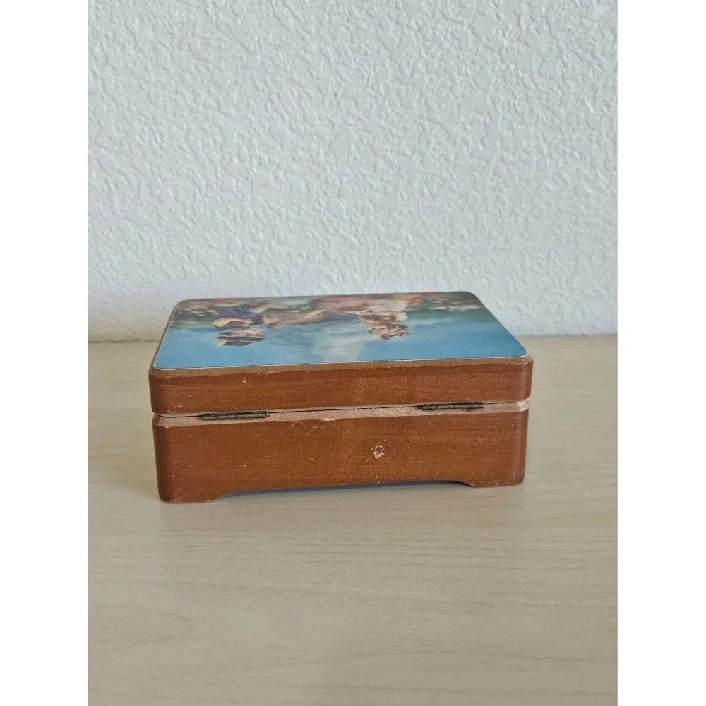 Music Wood Jewelry Box Vintage Schmid Bros 3D Bavarian Picnic Scene Edelweiss